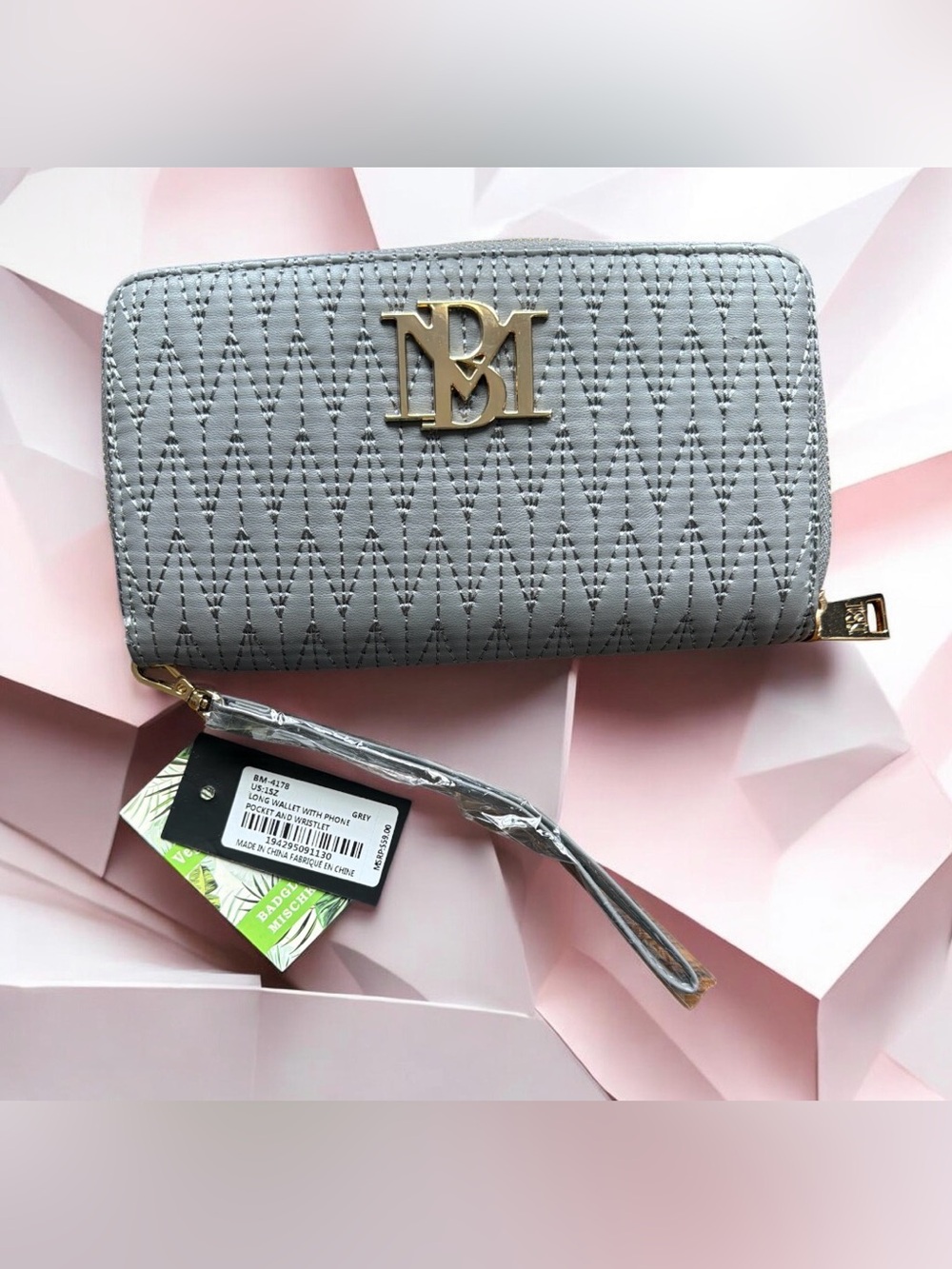 Badgley Mischka Grey Quilted Long Wallet Wristlet Vegan Leather